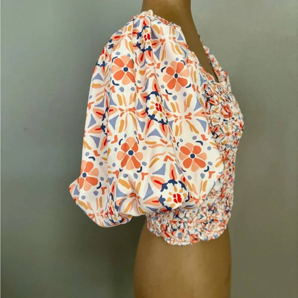 Anthropologie DOLAN Off The Shoulders Textured Floral Top Puff Sleeves Small